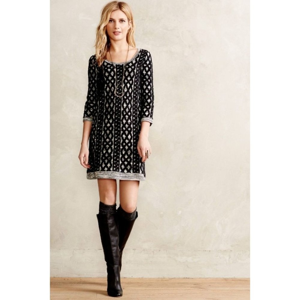Moth Anthropologie Women XS Black Wool Blend Sweaterstitched Tunic Sweater Dress